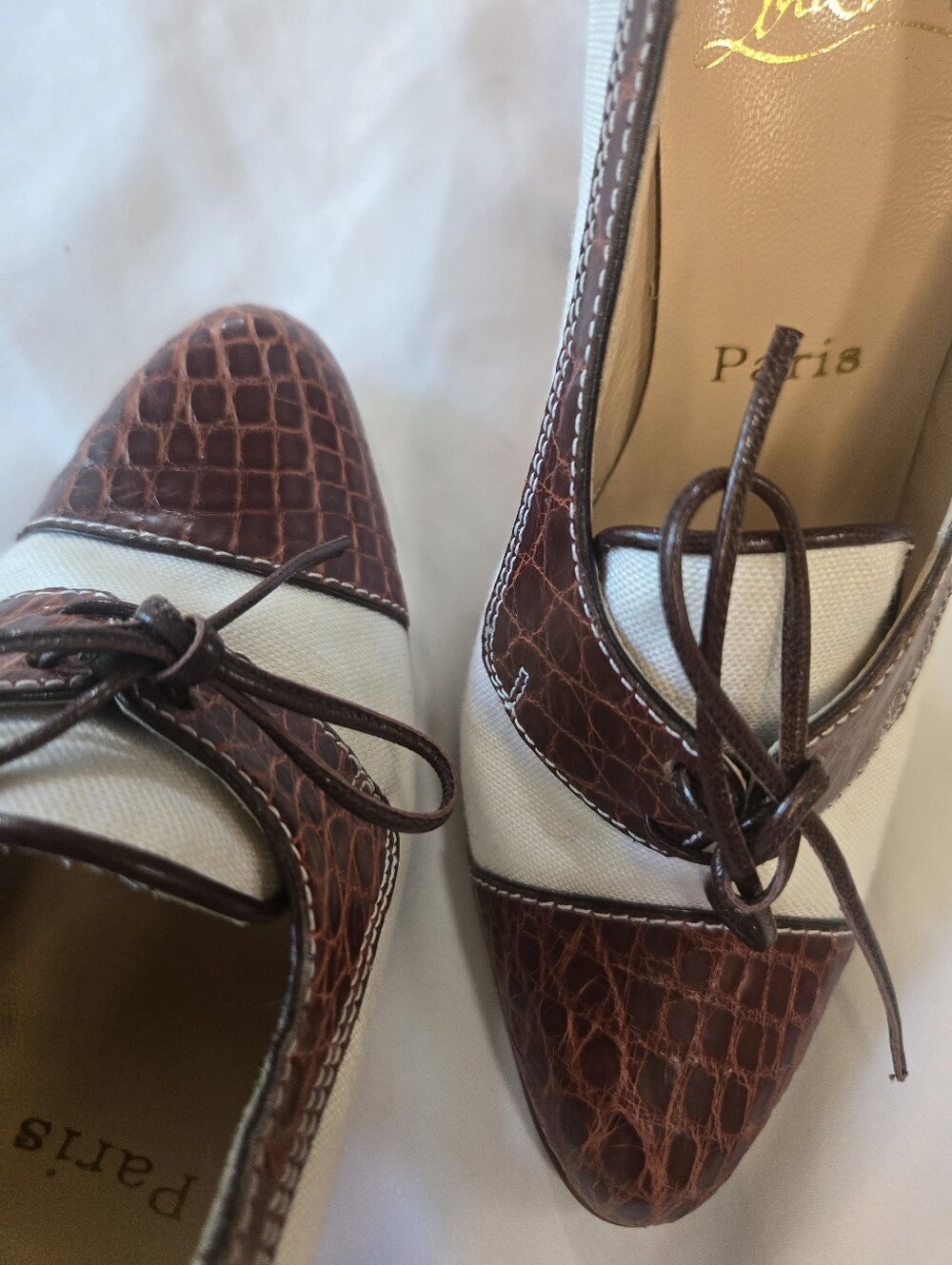 ⭐Auth Christian Louboutin Brown & Cream Leather Lace-Up Pumps 36.5 - Picture 14 of 16
